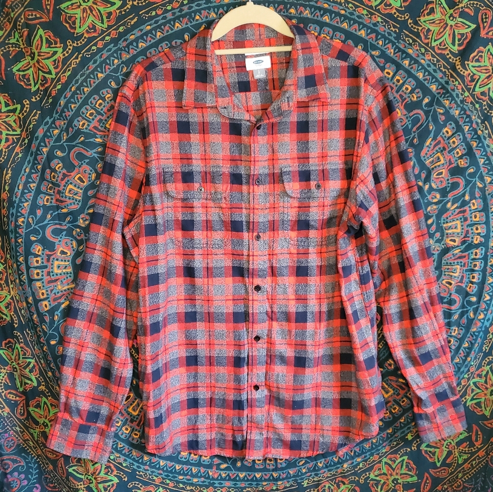 Old Navy Red & Gray Plaid Cotton Flannel Button Up Long Sleeve Shirt Mens Large